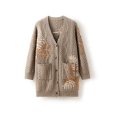 V-neck Mid-Length Hand-Embroidered Color Block Loose Cardigan